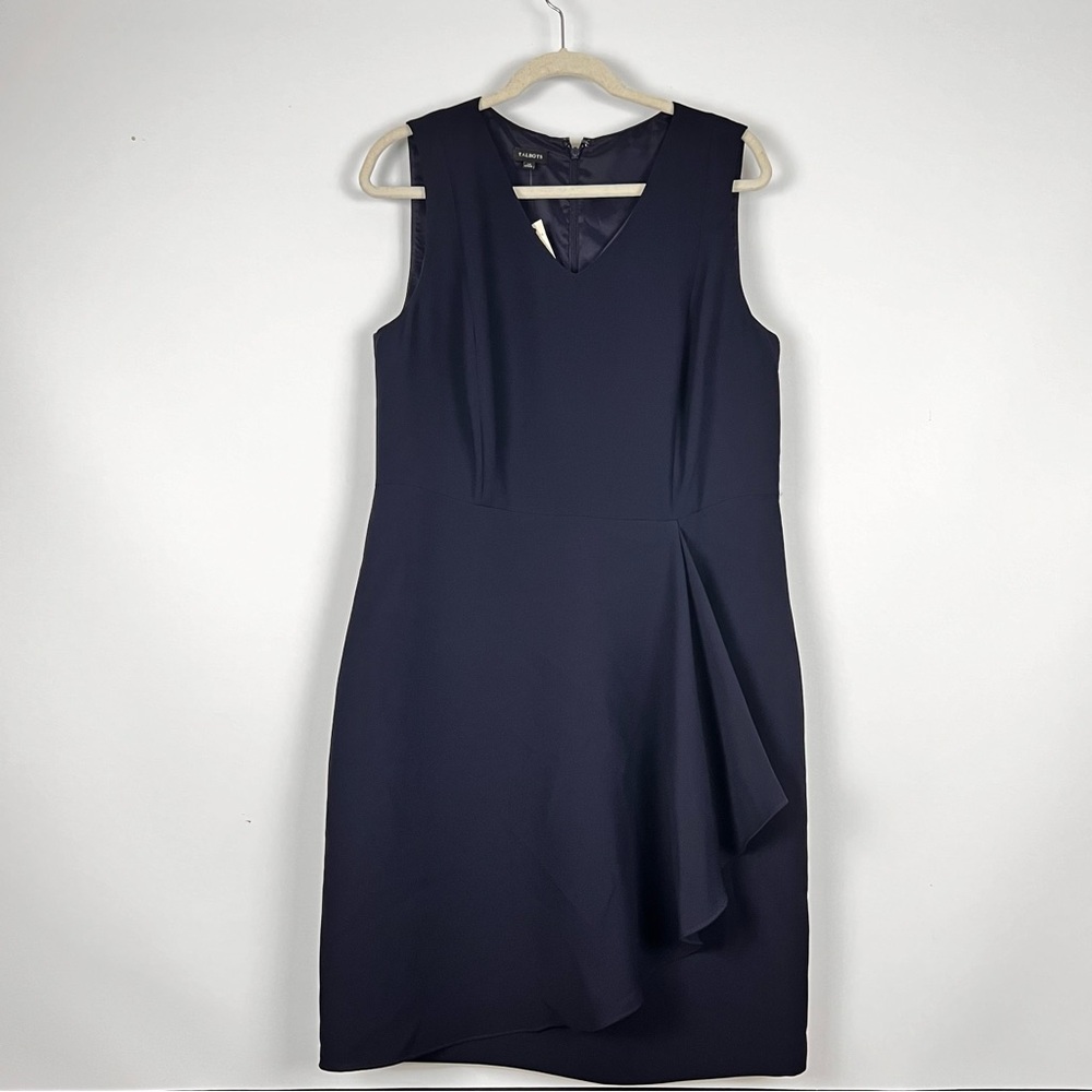 Talbots Size 14 Navy Sleeveless Pleated Ruffle Dress Knee Length